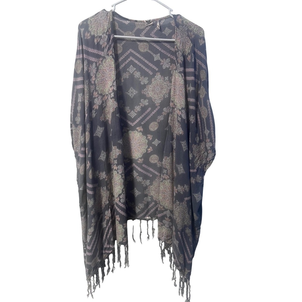 Lagaci Kimono Wrap Womens One Size Grey Boho Fringe Mandala